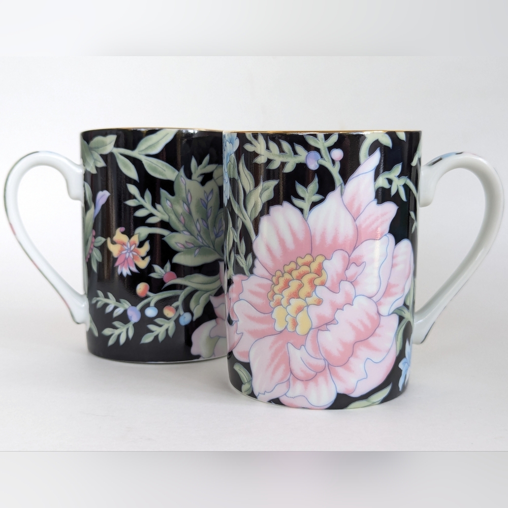 Vintage Pair of Elegant Peony Floral Design Mugs Made in Japan Black Pink Pastel